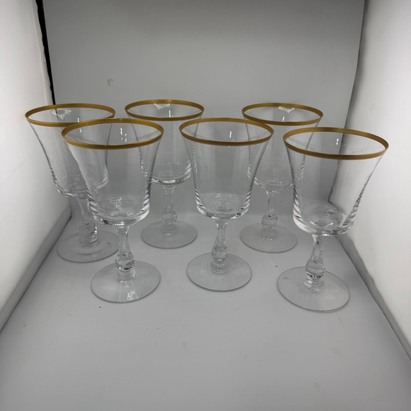 Vintage Set Of Six Gold Rimmed 6 oz Wine Glasses